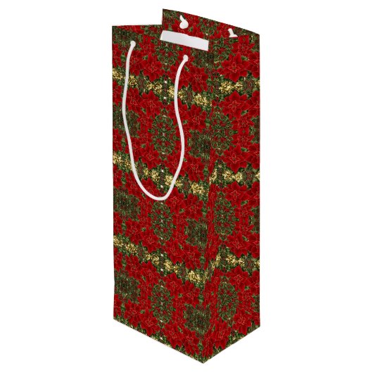 Red & Gold Poinsettia Pattern Wine Gift Bag Wijn Cadeautas (Achterkant Gekanteld)