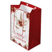 Red & Gold Poinsettia Unicorn Face Merry kerst Medium Cadeauzakje (Voorkant Gekanteld)