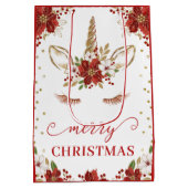 Red & Gold Poinsettia Unicorn Face Merry kerst Medium Cadeauzakje (Achterkant)