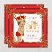 Red Gold Prince Baby shower Damask Brunette Boy Kaart (Voorkant / Achterkant)