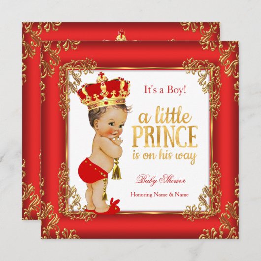 Red Gold Prince Baby shower Damask Brunette Boy Kaart (Voorkant / Achterkant)