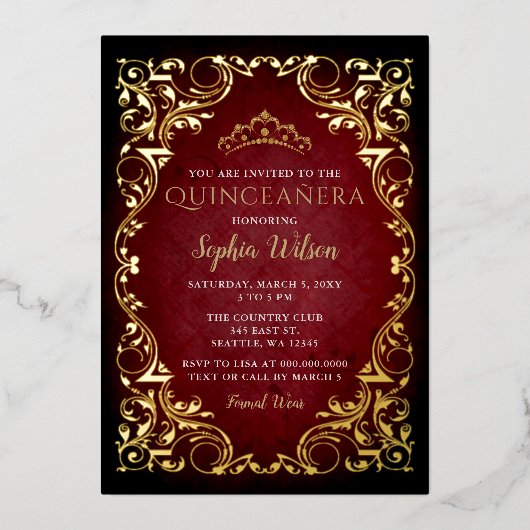  Red Gold Princess Tiara Quinceañera Folie Uitnodiging (Voorkant)