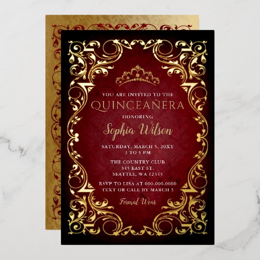  Red Gold Princess Tiara Quinceañera Folie Uitnodiging (Voorkant / Achterkant)