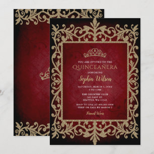  Red Gold Princess Tiara Quinceañera Kaart