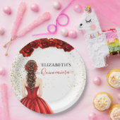 Red & Gold Quinceañera Custom Paper Plate Papieren Bordje (Feest)