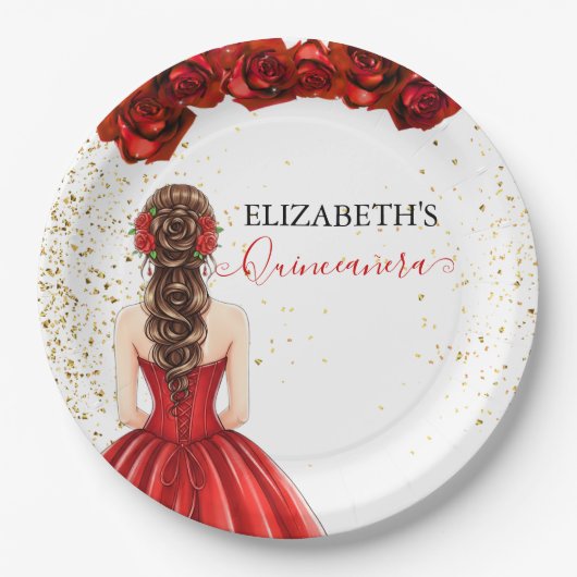 Red & Gold Quinceañera Custom Paper Plate Papieren Bordje (Voorkant)