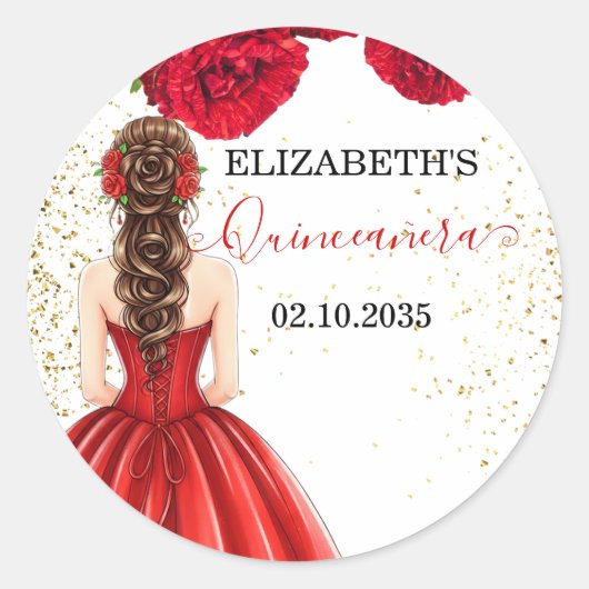 Red & Gold Quinceañera Custom Round Sticker (Voorkant)