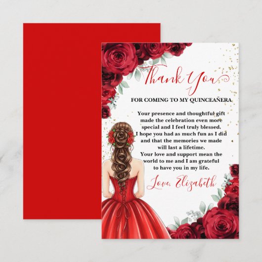 Red & Gold Quinceañera Custom Thank You Card Bedankkaart (Voorkant / Achterkant)