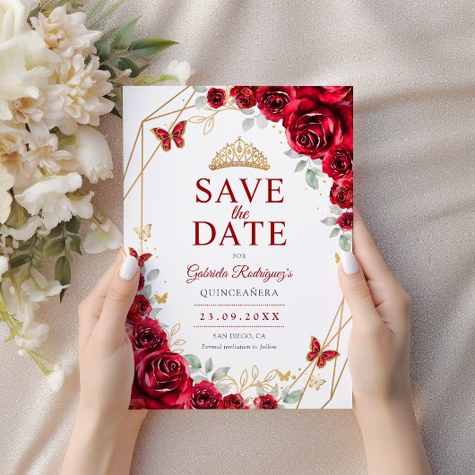 Red Gold Quinceanera Floral Save The Date
