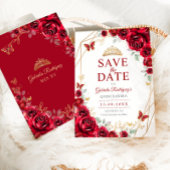 Red Gold Quinceanera Floral Save The Date