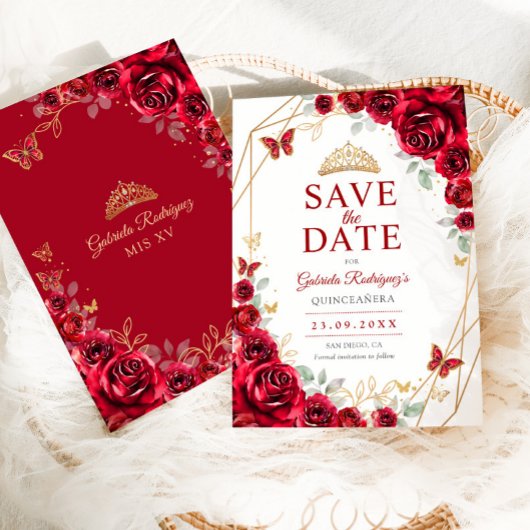 Red Gold Quinceanera Floral Save The Date