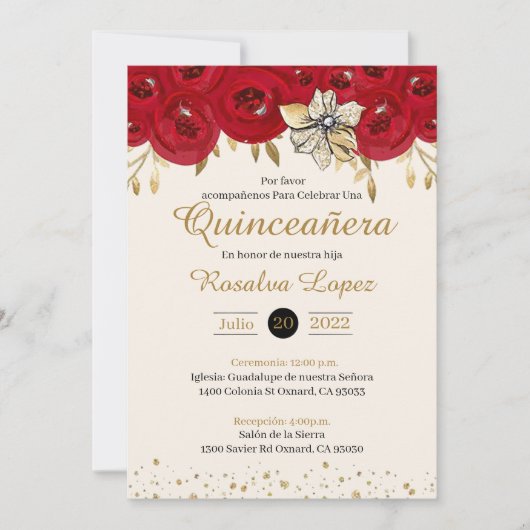 Red Gold Quinceanera Invitation Gold Red Sweet 16 (Voorkant)