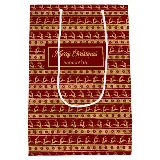 Red Gold Reindeer Luxe Merry Christmas Gift Bag Medium Cadeauzakje (Achterkant)