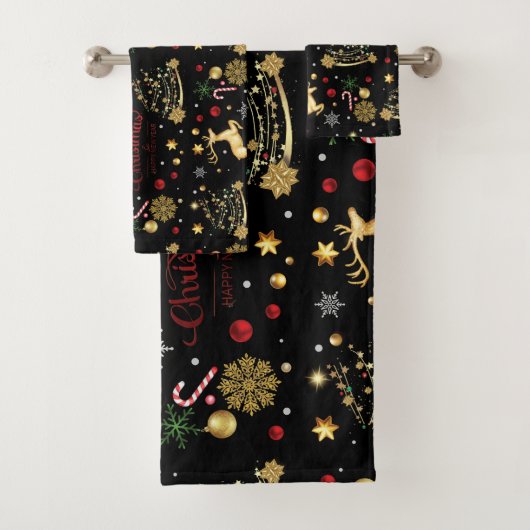 Red Gold Reindeer Merry-kerstboom Bad Handdoek (Insitu)