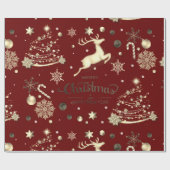 Red Gold Reindeer Merry-kerstboom Cadeaupapier (Vlak)