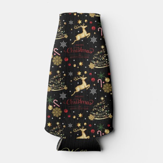 Red Gold Reindeer Merry-kerstboom Flesjeskoeler (Voorkant)