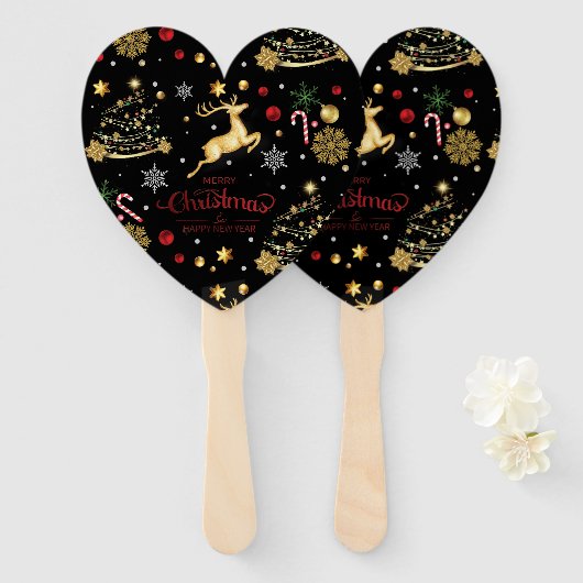 Red Gold Reindeer Merry-kerstboom Handwaaier (Voorkant en achterkant)