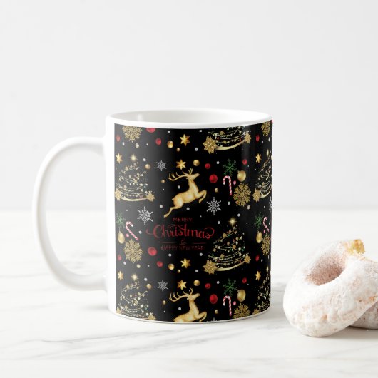 Red Gold Reindeer Merry-kerstboom Koffiemok (Met donut)