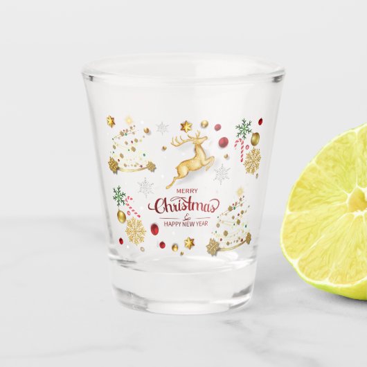 Red Gold Reindeer Merry-kerstboom Shot Glas (Voorkant)