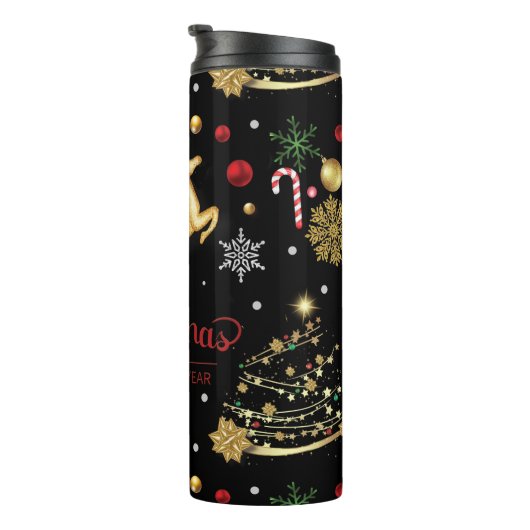 Red Gold Reindeer Merry-kerstboom Thermosbeker (Geroteerd rechts)