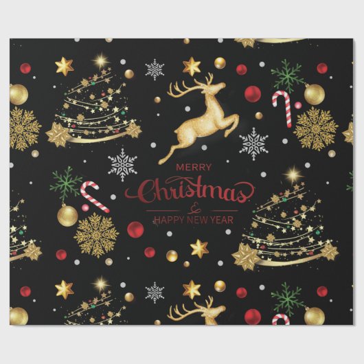 Red Gold Reindeer Merry kerstboom Wrapping P Cadeaupapier (Vlak)