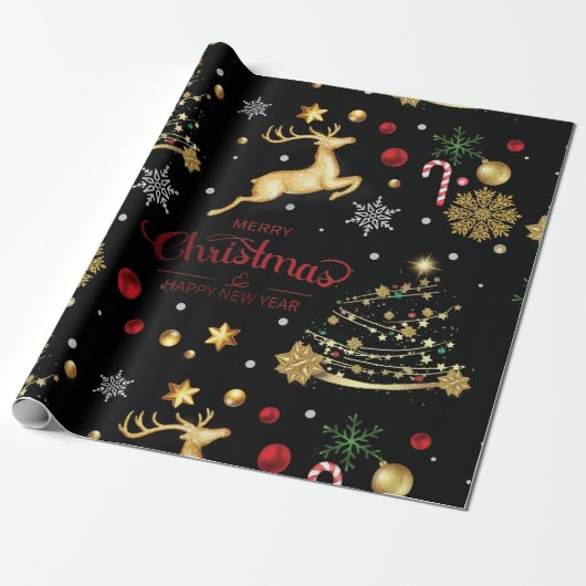 Red Gold Reindeer Merry kerstboom Wrapping P Cadeaupapier (Uitgerold)