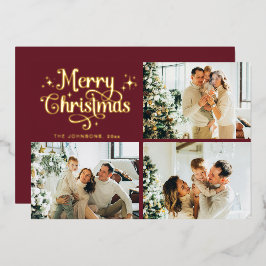 Red & Gold Retro Christmas Family Photo Collage Folie Feestdagenkaart