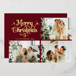 Red & Gold Retro Christmas Family Photo Collage Folie Feestdagenkaart