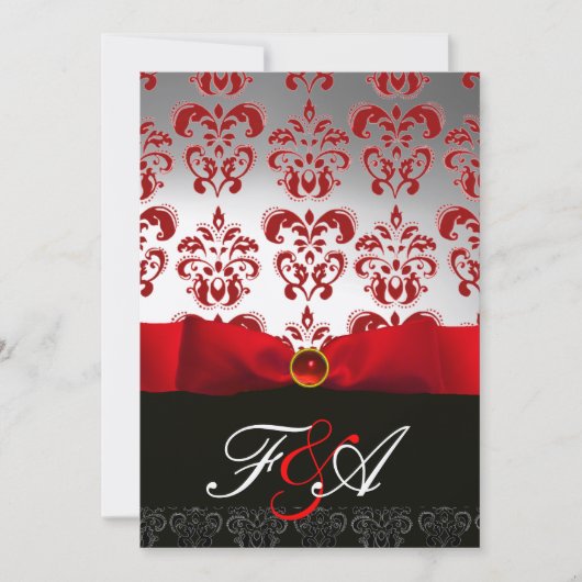 RED GOLD RIBBON & BLACK DAMASK MONOGRAM Ruby Kaart (Voorkant)