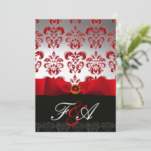 RED GOLD RIBBON & BLACK DAMASK MONOGRAM Ruby Kaart (Staand voorkant)