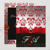 RED GOLD RIBBON & BLACK DAMASK MONOGRAM Ruby Kaart (Voorkant / Achterkant)
