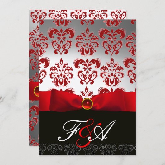 RED GOLD RIBBON & BLACK DAMASK MONOGRAM Ruby Kaart (Voorkant / Achterkant)