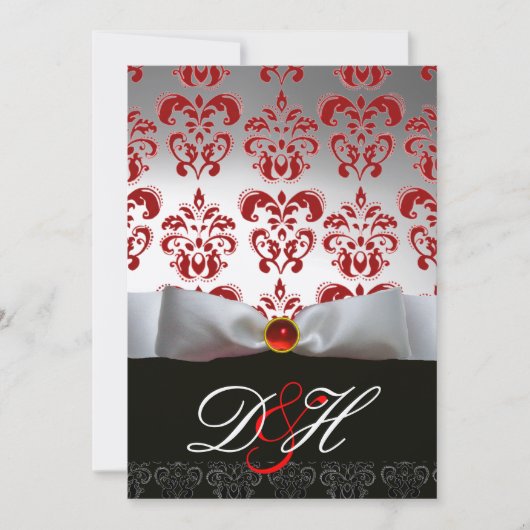 RED GOLD RIBBON & BLACK DAMASK MONOGRAM Ruby Kaart (Voorkant)