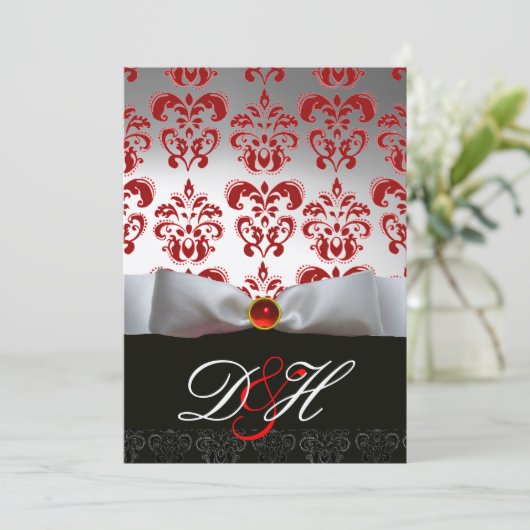 RED GOLD RIBBON & BLACK DAMASK MONOGRAM Ruby Kaart (Staand voorkant)
