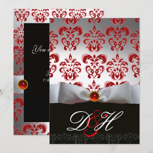 RED GOLD RIBBON & BLACK DAMASK MONOGRAM Ruby Kaart (Voorkant / Achterkant)