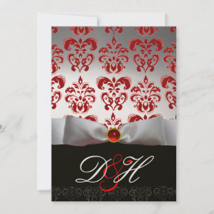 RED GOLD RIBBON & BLACK DAMASK MONOGRAM Ruby Kaart
