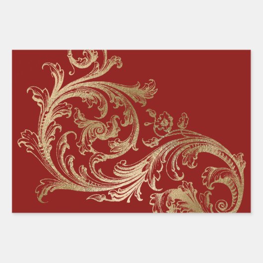 Red Gold Rococo Baroque Swirl Inpakpapier Vel (Voorkant 2)