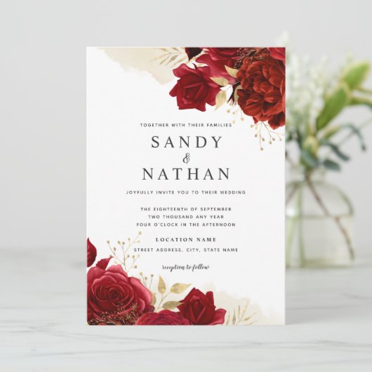 Red Gold Romantisch Roos bruiloft uitnodiging (Staand voorkant)