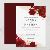 Red Gold Romantisch Roos bruiloft uitnodiging (Voorkant / Achterkant)