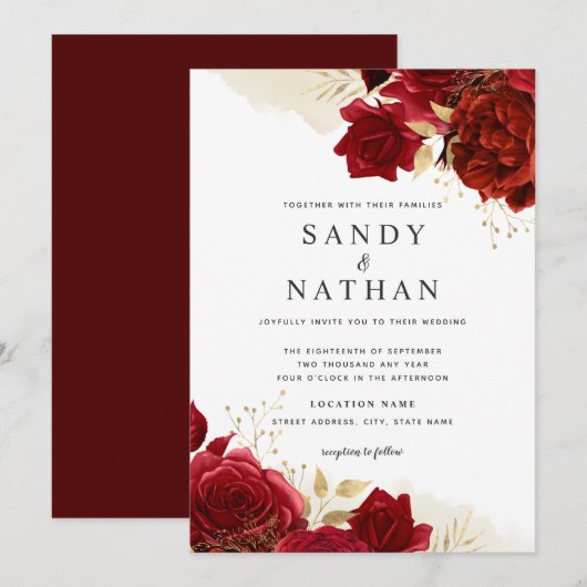 Red Gold Romantisch Roos bruiloft uitnodiging (Voorkant / Achterkant)