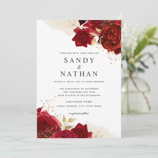 Red Gold Romantisch Roos bruiloft uitnodiging (Staand voorkant)
