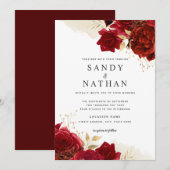 Red Gold Romantisch Roos bruiloft uitnodiging (Voorkant / Achterkant)