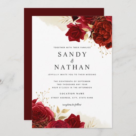 Red Gold Romantisch Roos bruiloft uitnodiging (Voorkant / Achterkant)