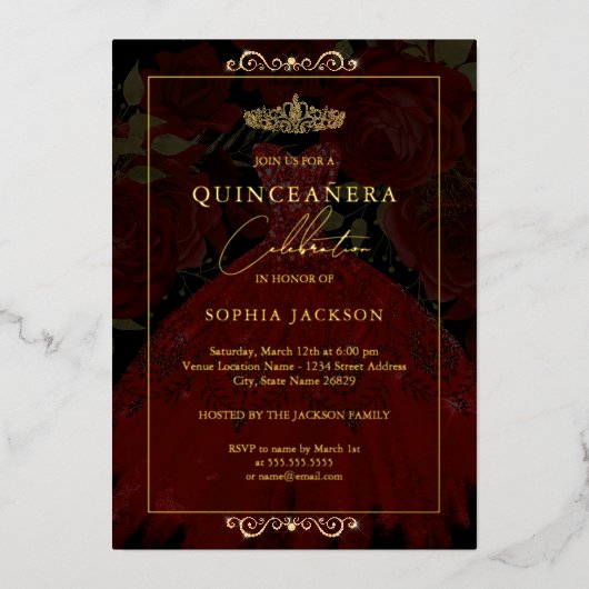Red Gold Roos Dress Quinceanera Folie Uitnodiging (Voorkant)