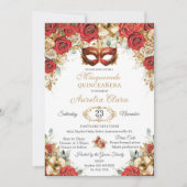 Red Gold Roses Floral Masquerade Ball Quinceanera  Kaart (Voorkant)