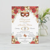 Red Gold Roses Floral Masquerade Ball Quinceanera  Kaart (Staand voorkant)