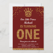 Red Gold Royal Prince First Birthday Invitation Kaart (Voorkant)