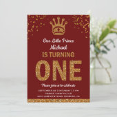 Red Gold Royal Prince First Birthday Invitation Kaart (Staand voorkant)
