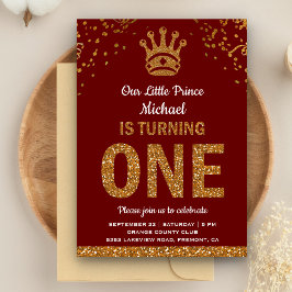 Red Gold Royal Prince First Birthday Invitation Kaart