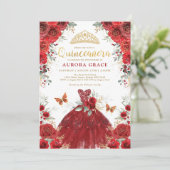 Red Gold Rozen Princess Quinceañera Mis Quince Kaart (Staand voorkant)